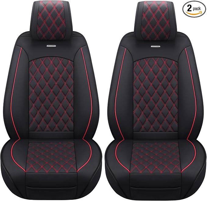 Front Car Seat Covers for Ford F150 F250 F350 F450 (Black-Red) | Custom Fit 2009-2026 F150 XLT STX XL, 2017-2026 F250 F350 F450 Super Duty Crew Cab Regular Cab Super Cab, Waterproof Leather by Aierxuan