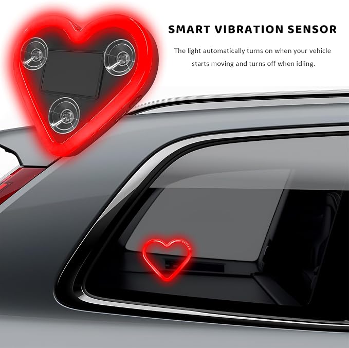 Sun Walker Heart-Shaped Car LED Ambient Light, Solar-Powered Love Heart Lamp Vehicle C-Pillar Atmosphere Light, Vibration-Sensing Triangle Window Lights Car Interior Decoration (Red) - Image 6