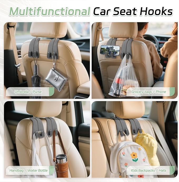 Car Seat Headrest Hooks, 2PCS Universal Car Purse Hook Leather Car Bag Hook | Gray Car Bag Purse Holder with Double Metal Hooks for Handbags, Grocery Bags, Bottles, Phones - Image 7