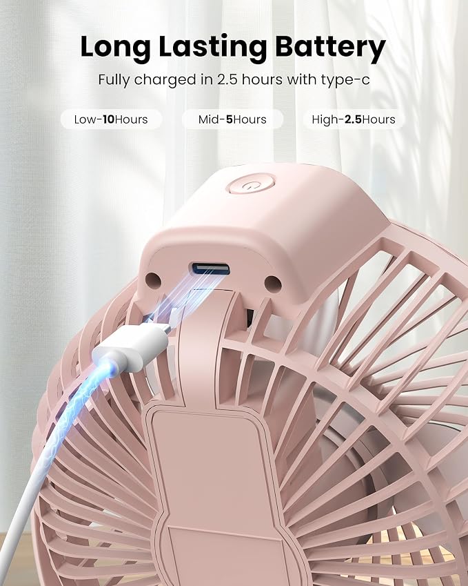 Koonie Portable Clip-On Fan, Small Rechargeable Battery Operated, 3 Speeds | Pink Mini Clamp Fan With LED Display, 360° Rotate Personal Cooling Desk Fan for Stroller Bed Travel Camping Golf Gym - Image 5