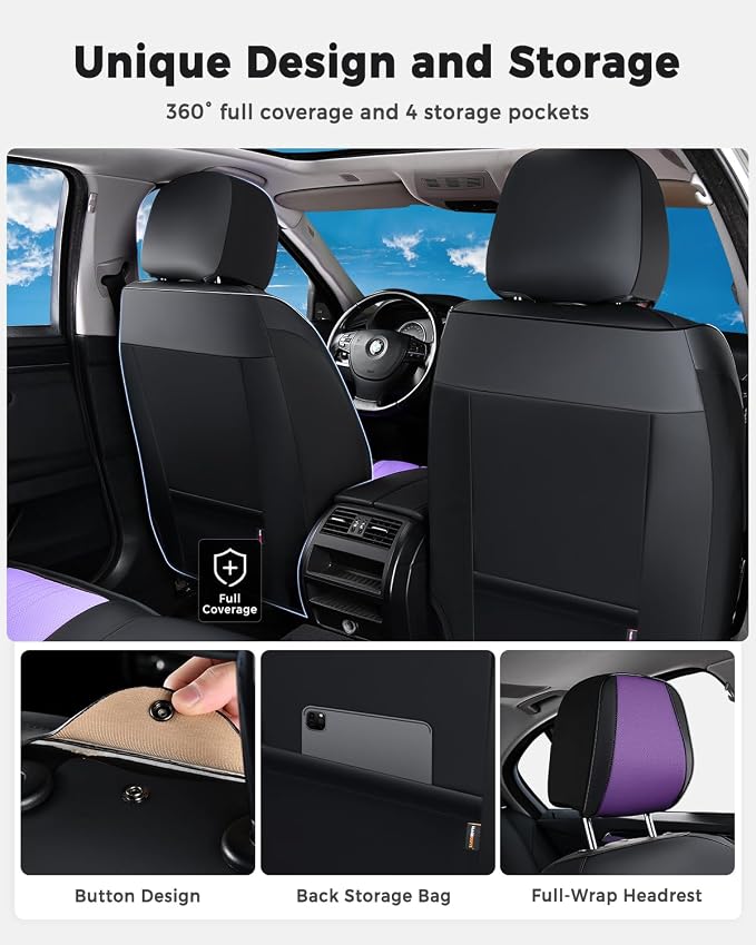 Huidasource Front Car Seat Cover, Luxury Faux Leather Leather Front Seat Covers, Compatible with Airbags, Seatbelt Buckles, Cooling＆Heating, Universal Fit for Most Cars Vans Trucks SUVs, Black＆Purple - Image 4