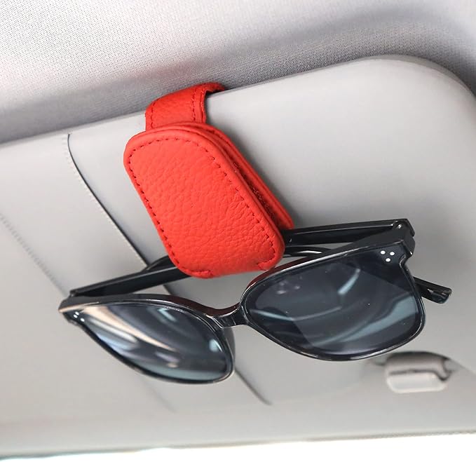 KIWEN Sunglasses Holders for Car Visor, Magnetic Leather Glasses Eyeglass Clip for Car, Ticket Card Clip Sunglasses Mount, Car Visor Accessories Gadgets (1, Red) by KIWENDirect