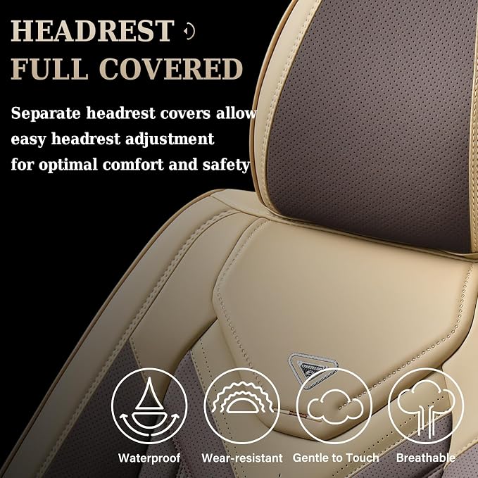 Coverado Car Seat Covers Full Set, Automotive Seat Covers Car Seat Protector Car Seat Cushion, Waterproof Leather Seat Covers for Cars, Universal Fit for Most Sedans SUV Pick-up Truck(Beige&Coffee) - Image 8