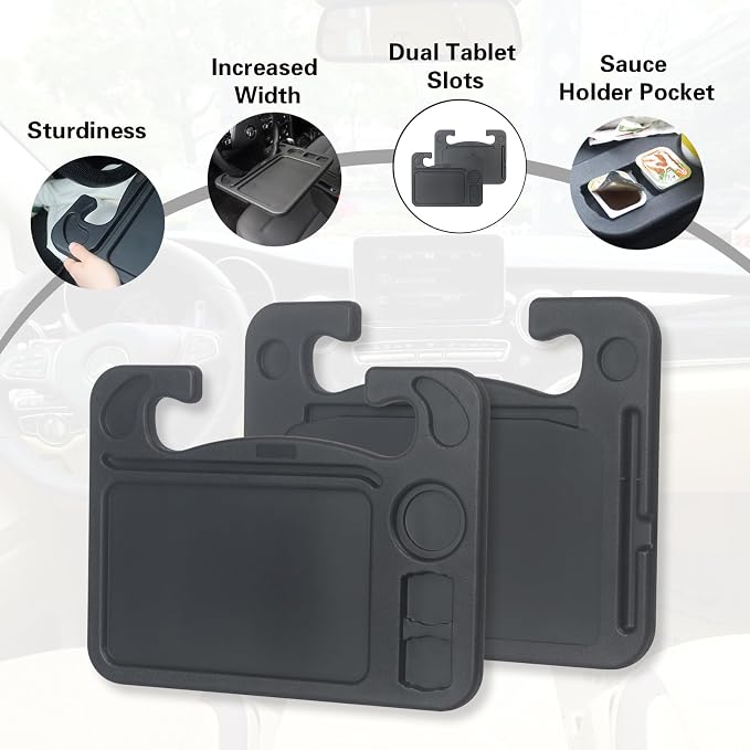4 in 1 Car Steering Wheel Tray with Dual Sauce Dip Holder and Tablet Holder,Car Table Food Trays for Eating,Driver Desk Fit Most Auto Vehicle Steering Wheels (Black, Large) - Image 3