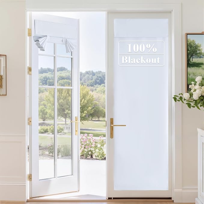 RYB HOME 100% Blackout Door Curtains, French Door Window Cover, Pure White | Self Adhesive, Thermal Insulated, For Office Kitchen Front Entry Front Back Door Glass Window, W30 x L72, 1 Panel by RYBHOME