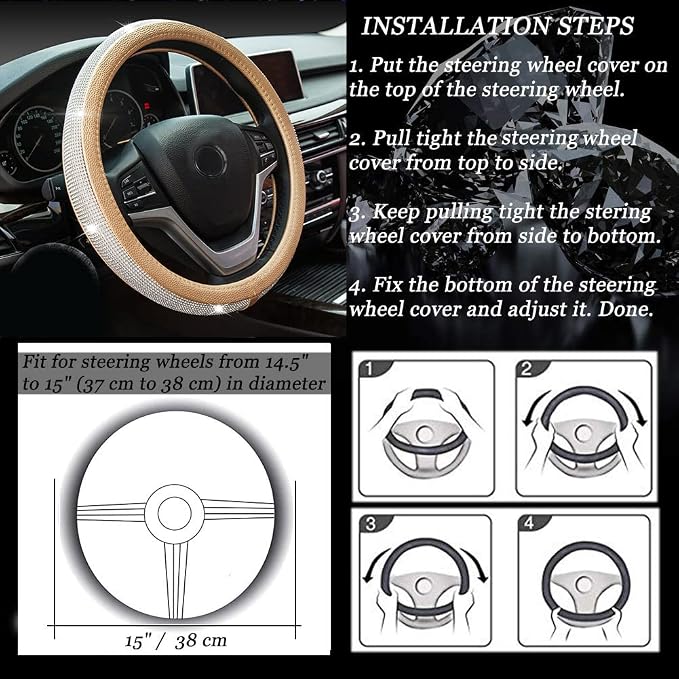 New Diamond Leather Steering Wheel Cover with Bling Crystal Rhinestones | Universal Fit 15 Inch Car Wheel Protector for Women Girls Gold - Image 7