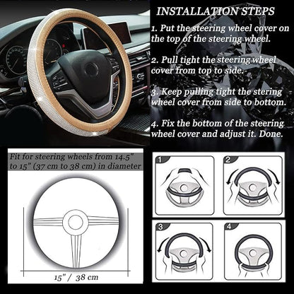 New Diamond Leather Steering Wheel Cover with Bling Crystal Rhinestones | Universal Fit 15 Inch Car Wheel Protector for Women Girls Gold - Image 7
