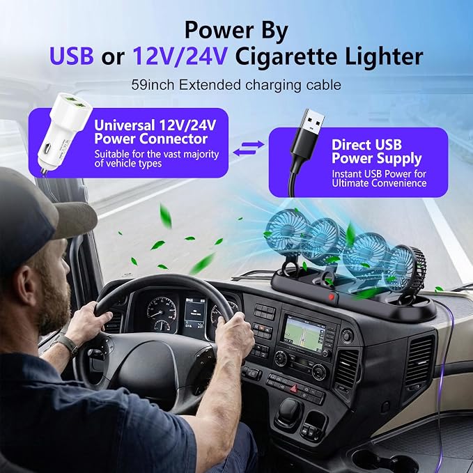 4-Head Car Fan,3-Speed Adjustable Car Cooling Fan for Vehicle,360°Rotatable Portable Cooling Fans for Car,USB/12V Cigarette Lighter Powered,Powerful Airflow for SUV Rv Sedan Van Boat - Image 4