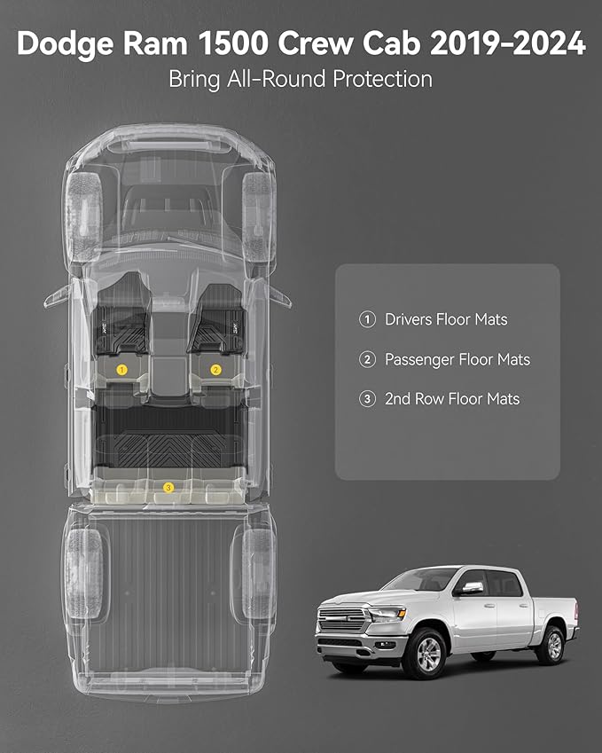 3W Floor Mats Fit for 2019-2024 Dodge Ram 1500 Crew Cab New Body | NOT Classic Models) with Original Storage All Weather TPE Accessories Custom Fit Dodge Ram 1500 Floor Liner Full Set Car Mats - Image 2