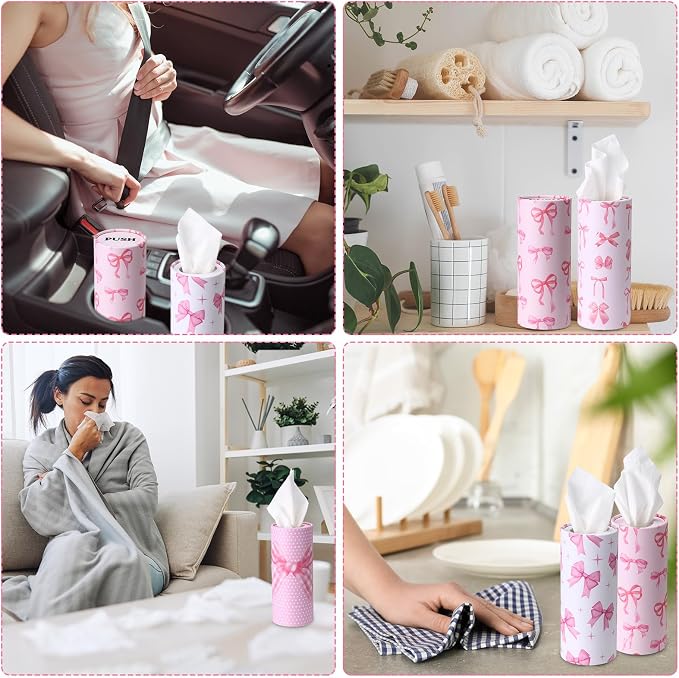 Outus 12 Pcs Bow Car Tissues Cylinder Holder with 3 Ply Facial Tissue Bulk Pink Bow Ribbon Round Tissue Holder Travel Tissues Boxes Container for Car Cup Wedding Birthday Party - Image 6