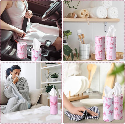 Outus 12 Pcs Bow Car Tissues Cylinder Holder with 3 Ply Facial Tissue Bulk Pink Bow Ribbon Round Tissue Holder Travel Tissues Boxes Container for Car Cup Wedding Birthday Party - Image 6