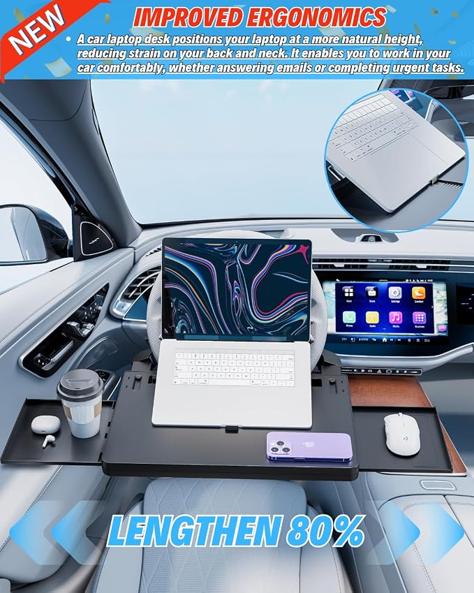 Steering Wheel Laptop Tray for Car, Adjustable Workstation Desk | Fits Most Steering Wheels with Cover, Dual Slide-out Trays Expand Workspace, Stable Laptop Surface, Sturdy for Meals & Work - Image 3