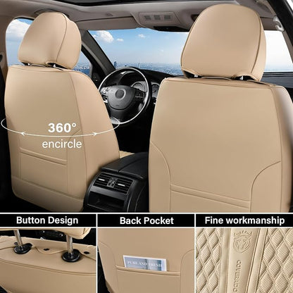 Coverado Front Seat Covers, Car Seat Covers Front Seats, Nappa Leather Seat Covers for Cars, Waterproof Seat Covers with Lumbar Support Universal Fit for Most Cars SUV Trucks (Front, Beige) - Image 2
