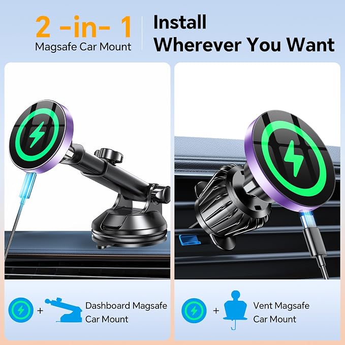Coolpow for MagSafe Car Mount Charger【Ultra Magnet】 Magnetic Phone Holders for Your Car Charger【Windshield+Vent+Dash】 Magnetic Wireless Car Phone Holder Charger Car Mount for iPhone 17 (Purple) - Image 2