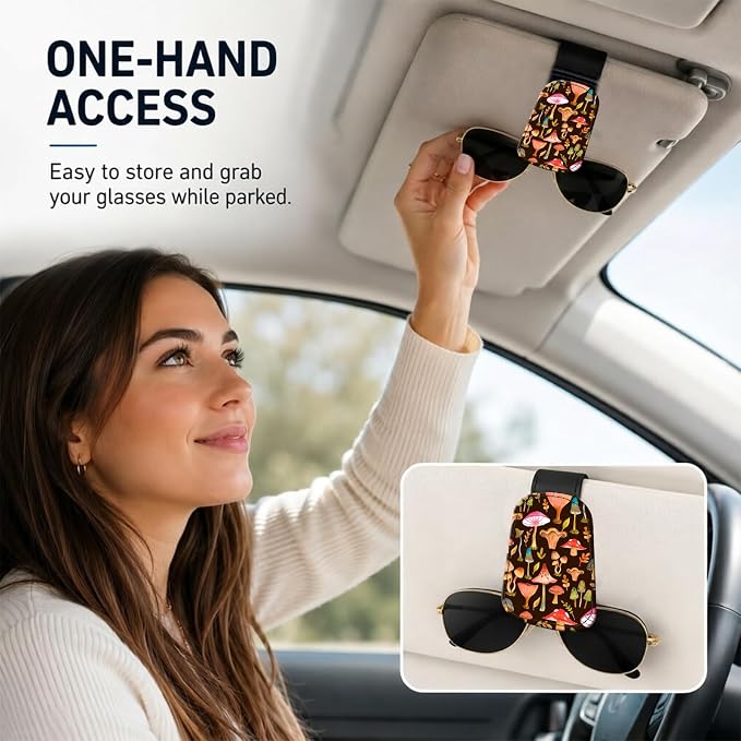 Leather Magnetic Sunglass Holder for Car Sun Visor, Cute Eyeglass Ticket Card Hanger Clip, Universal Auto Interior Accessories for SUV Pickup Truck, Boho Mushroom - Image 2