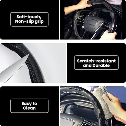 Hiseanllo Carbon Fiber Steering Wheel Cover 3PCS Set – Anti-Slip, Scratch-Resistant, Universal Fit for 14–16 Inch Wheels – Interior Car Accessories for Cars, SUVs, Trucks (Blue) - Image 4