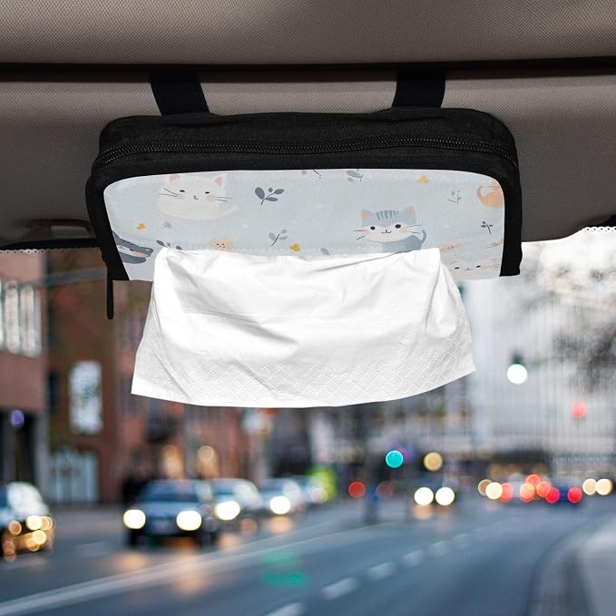 Car Tissue Holder Napkin Dispenser Box Storage Case Sun Visor Mask Holders with Adjustable Straps Reusable Refillable Cute Cats - Image 6