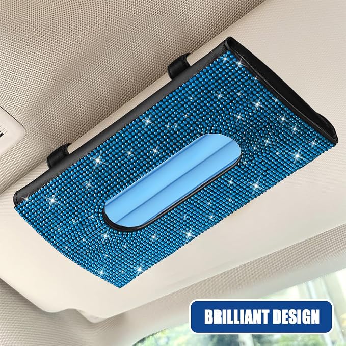 Bling Car Sun Visor Tissue Box Holder, Visor Accessories, Rhinestone PU Leather Crystal Sparkling Napkin Holder, Auto Sun Visor Paper Towel Cover Case Accessories for Most Cars (Blue) - Image 5