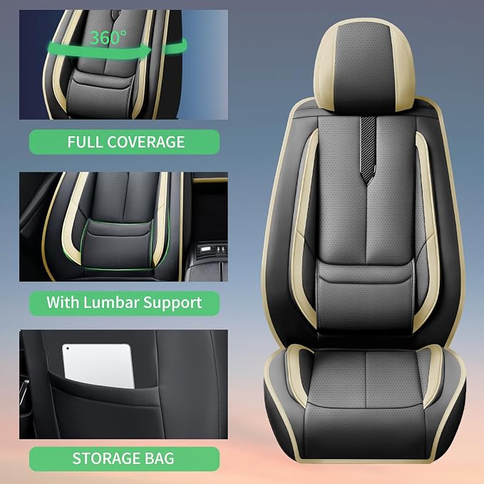 Fit Versa Car Seat Covers for Nissan Versa 2007-2024 2025 2026 -Upgraded Premium Waterproof & Breathable Leather,Airbag Compatible,All-Weather Seat Cushion Protector,2 Front/Black-Beige - Image 8