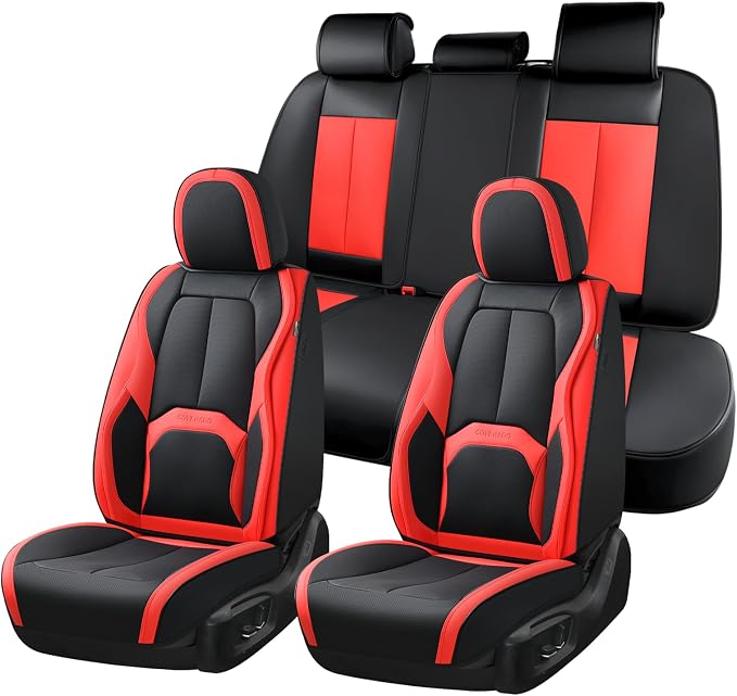 Coverado Leather Seat Covers Full Set, Black and Red Leather Car Seat Cover, Waterproof Car Seat Protector with Lumbar Support, Automotive Seat Covers Universal Fit for Most Cars SUV Truck by COVERADOAUTO
