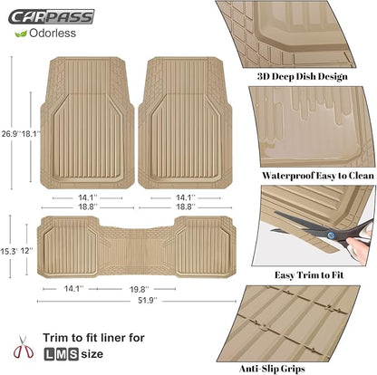 CAR PASS Heavy Duty Rubber Floor Mats for Car, Waterproof Liner Deep Dish Car Mats Full Sets, Universal Trim to Fit for SUV Truck Sedans Vans, All Weather Automotive Floor Mats 3pcs, Solid Beige - Image 3
