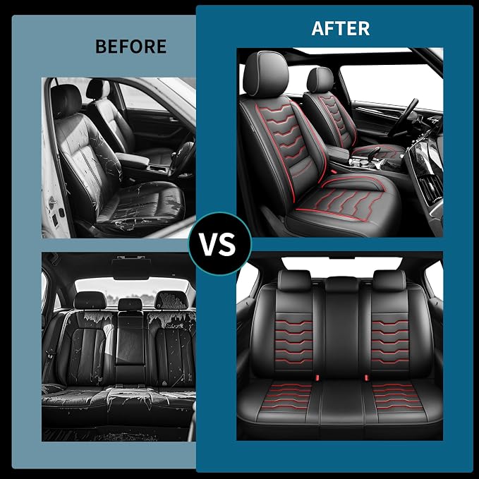 Fit Titan Car Seat Covers Premium Leather for Nissan Titan 2009-2023 2024. Waterproof， Breathable, Scratch-Resistant & All-Weather Seat Cushion Protector（2 Front Seats,Red Line Black - Image 5
