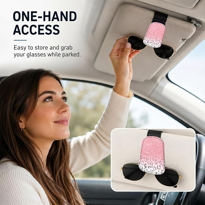 Leather Magnetic Sunglass Holder for Car Sun Visor, Cute Eyeglass Ticket Card Hanger Clip, Universal Auto Interior Accessories for SUV Pickup Truck, Pink Leopard - Image 2