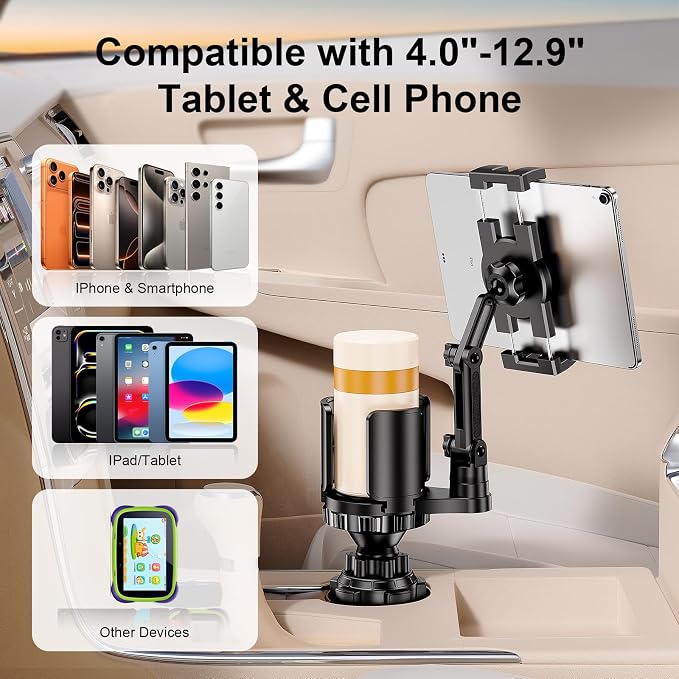 Tablet Holder for Car, 3 in1 Stable Cup Holder ipad Car Mount with Expander | Adjustable Base and Long Arm with 360°Rotation Phone ipad Holder for 4-12.9‘’ Tablet, All Smartphones and Most Bottles - Image 6
