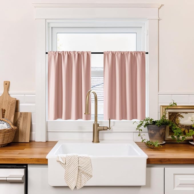 RYB HOME 100% Blackout Basement Curtains 30 inches Long, Heat & UV Blocking | Total Room Darkening, Noise Reducing, Curtains for Bathroom RV Campers, W34 x L30, Peach Pink, 2 Panels by RYBHOME