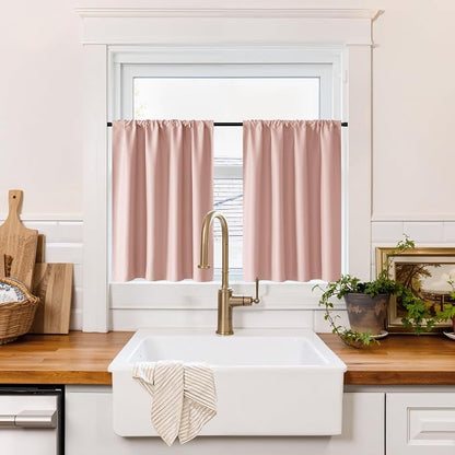 RYB HOME 100% Blackout Bathroom Curtains Over Sink 24 inches Long | Heat UV Blocking, Total Room Darkening, Noise Reducing, Curtains for Basement RV Campers, W42 x L24, Peach Pink, 2 Panels by RYBHOME