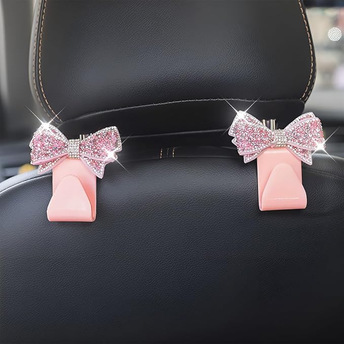 Zpana Bling Car Headreat Hook, 2PCS Crystal Rhinestone Cute Bow Vehicle Seat Back Hanger Storage for Purses Bags Grocery, Diamond Auto Rear Seat Organizer, Universal for SUV Truck Sedan (Pink) - Image 6