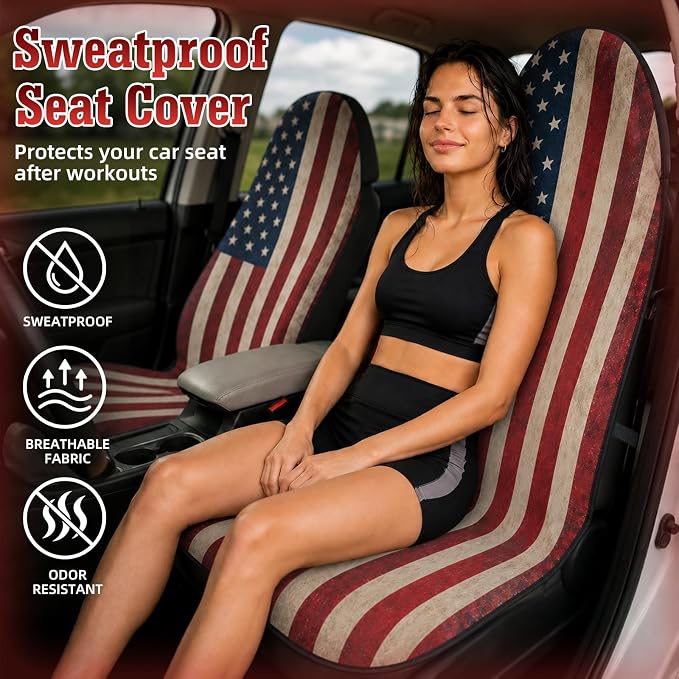 2 Pack American Flag Car Seat Cover Towel, Waterproof Sweat Protector for Gym Post-Workout & Beach, Universal Fit for Sedans SUV Minivan, Machine Washable Non-Slip Bucket Seat Mat - Image 2