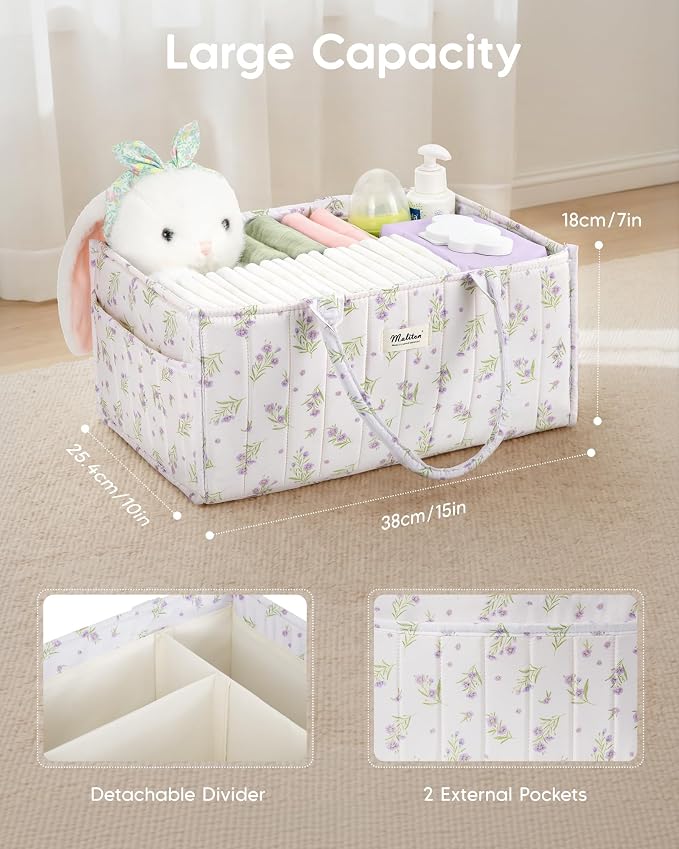 Maliton Diaper Caddy Organizer with 2 Side Pockets, Portable, Purple Floral | with Handle and Removable Dividers, Nursery Storage Basket, Car Organizer for Diapers & Wipes. Boy & Girl Shower Gift - Image 3