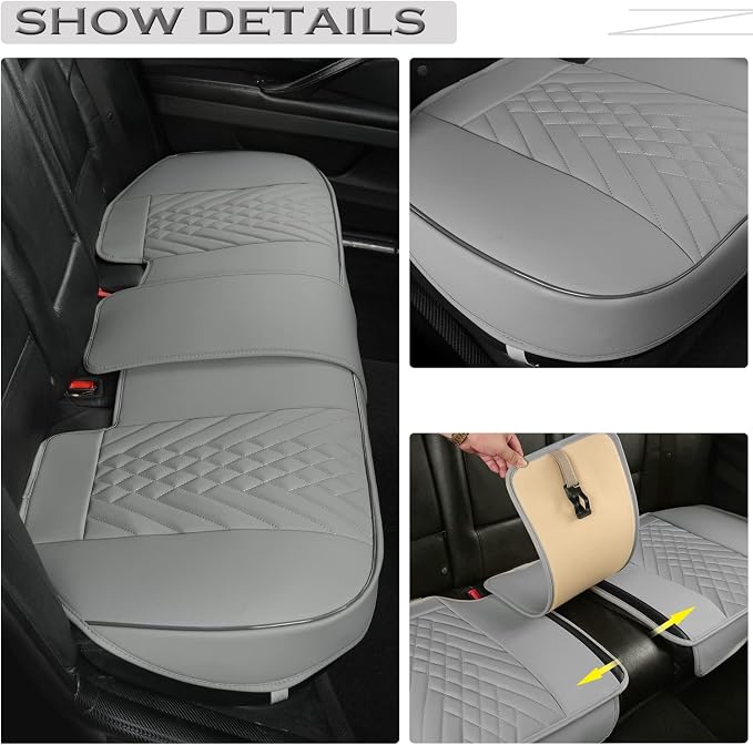 GIANT PANDA Premium PU Leather Rear Car Seat Cover Protector, Luxury Adjustable Anti-Slip Bottom Bench Seat Cover (49~59''),Fits 90% of Vehicles, Back Seat Cover, Grey - Image 3