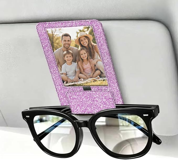 2-in-1 Car Visor Sunglasses & Photo Holder, Magnetic PU Leather Glasses Clip with Picture Display Slot, Universal Sun Visor Organizer for Eyeglasses, Personalized Cards & Memories, Lavender Glitter - Image 6