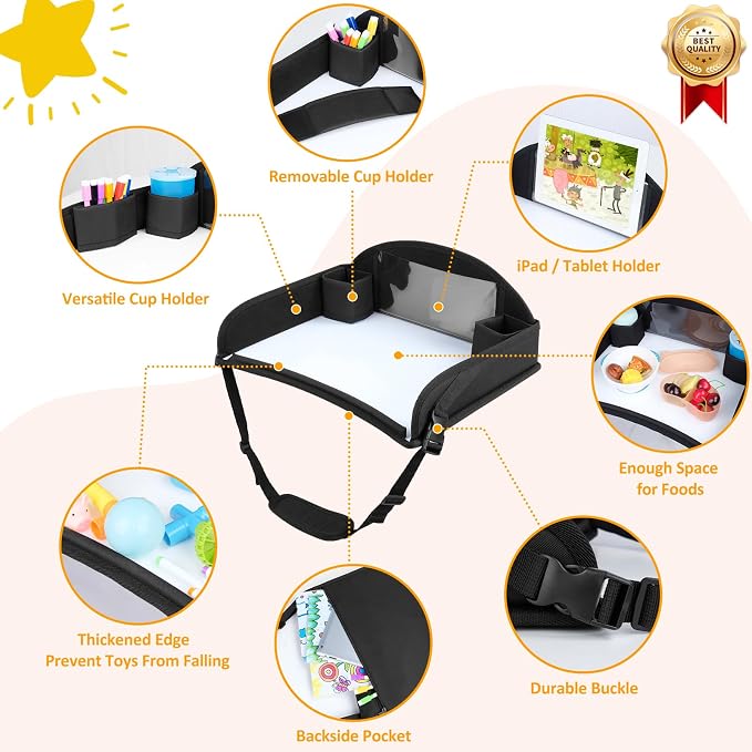 Kids Travel Tray for Car Seat, Road Trip Activities, Black | With 16.7" x 13.4" Smooth Dry Erase Board, Cup holders, Ddjustable Strap & Shoulder Carry Strap - Image 4