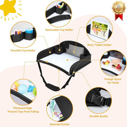 Kids Travel Tray for Car Seat, Road Trip Activities, Black | With 16.7" x 13.4" Smooth Dry Erase Board, Cup holders, Ddjustable Strap & Shoulder Carry Strap - Image 4