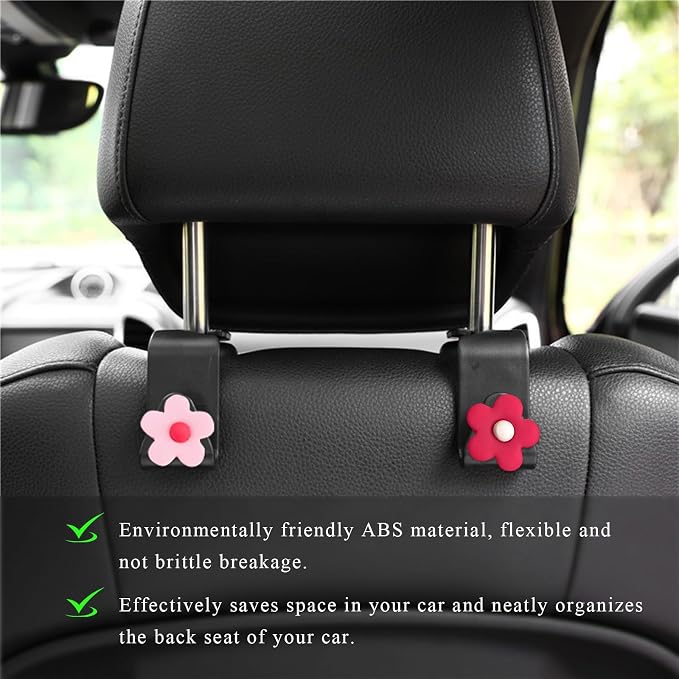 Yourkar 4 PCS Car Seat Headrest Hook, Plastic Headrest Hooks with Adhesive Flower, Auto Back Seat Hanger Storage Hook for Grocery Bag Purse Handbag Umbrella, Car Accessories (Pink+Red) - Image 5