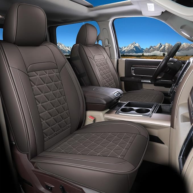 Coverado Dodge Ram Seat Covers Full Set, Waterproof Ram 1500 Seat Cover Compatible with 2002-2026 Dodge RAM 1500 2500 3500 Crew Quad Cab with Curved Bench, Coffee by COVERADOAUTO