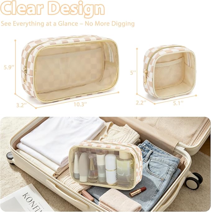 Fammart Clear Travel Makeup Bag for Women, TSA Approved Checkered Cosmetic Bag Make Up Car Organizer Case with Zipper, Large Waterproof Pouch Purse Toiletry Bag for Skincare, Brushes Travel Essentials - Image 3