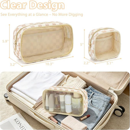 Fammart Clear Travel Makeup Bag for Women, TSA Approved Checkered Cosmetic Bag Make Up Car Organizer Case with Zipper, Large Waterproof Pouch Purse Toiletry Bag for Skincare, Brushes Travel Essentials - Image 3