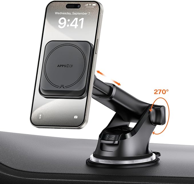 APPS2Car for MagSafe Car Mount, Magnetic Phone Holder with Suction Cup | 17 Strong Magnets & Adjustable Arm, Dashboard & Windshield Phone Mount Compatible with MagSafe Case iPhone 12–17 Series - Image 8