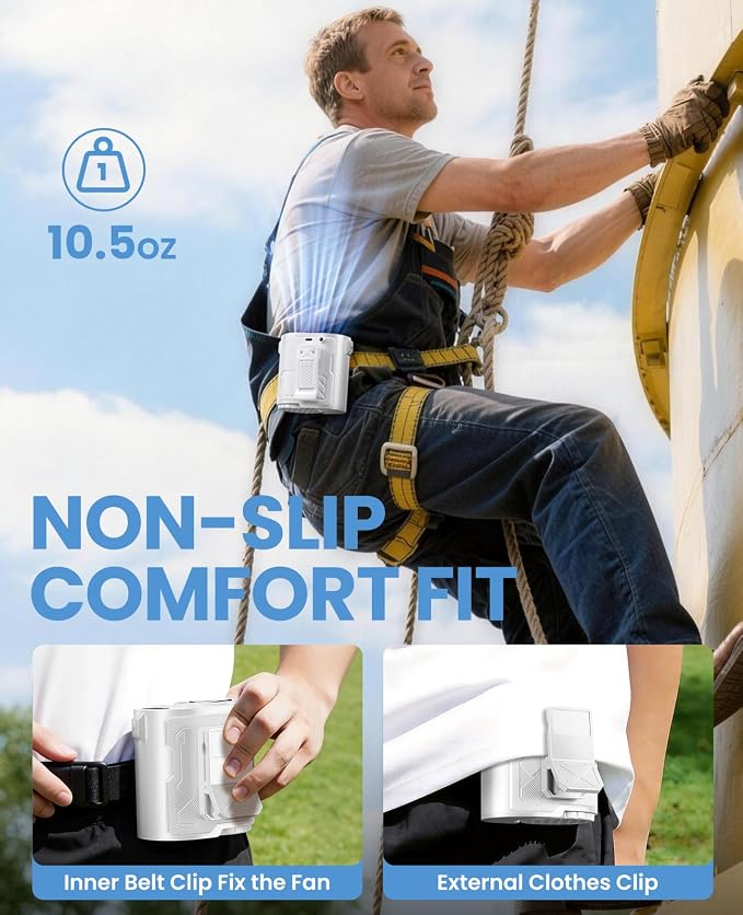 Portable Waist Fan with Ice Cooling, 4-in-1 Clip-On Fan for Car/Shirt/Belt, 16000RPM Strong Airflow, 12H Runtime, 100 Speed Settings, Wearable Fan for Outdoor Work Camping Travel White - Image 7