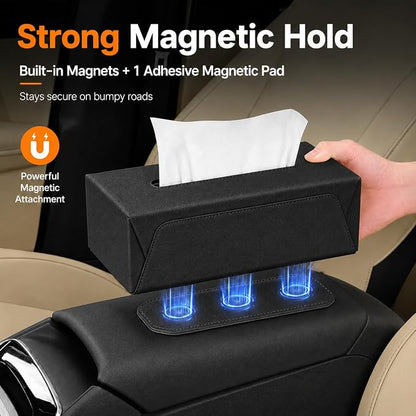 Car Tissue Holder with Magnetic & Strap Mount, Black, 1 Pack | PU Faux Leather, For Sun Visor, Seat Back, Console, Refrigerator, Fits Standard Tissue Packs - Image 7