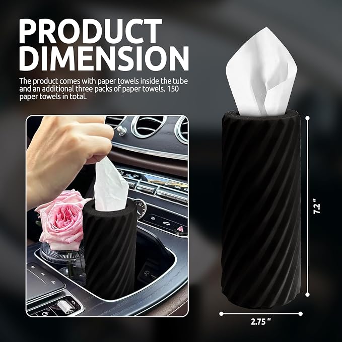 Car Cup Holder Tissue with 3 Pack Facial Tissues, Car Tissues Cylinder, Refillable Round Travel Tissue Tube for Vehicle, Office, Home Use (Black) - Image 3