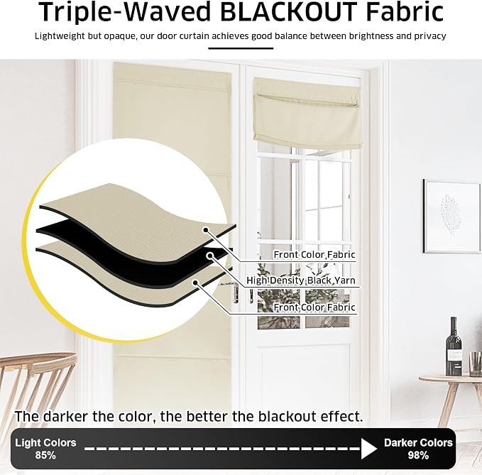 NICETOWN Light Beige Magnetic Blackout Door Blinds, No Drill Roman Shade | Front French Door Curtain for Window, Thermal Insulated Light Blocking Shades, Sidelight Glass, 24" W x 64" L, 1 Panel - Image 4