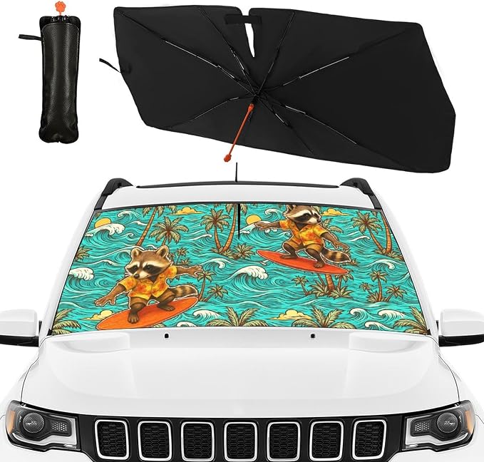 Hawaiian Raccoon Car Windshield Sun Shade Umbrella Bendable Handle Foldable Funny Sunshade for Car Windshield Block UV Rays Keep Vehicle Cool for Most Sedans SUV Trucks Cars 57"x30" - Image 2