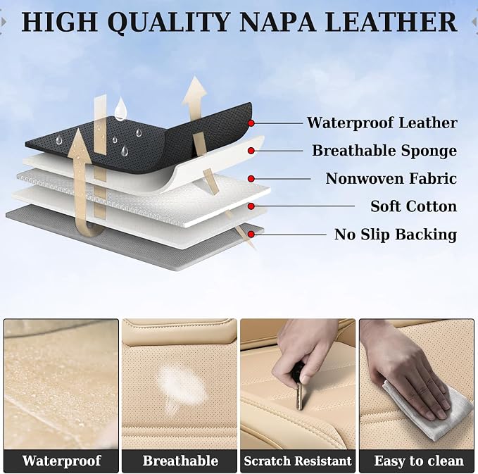 Coverado Car Seat Covers Full Set, Waterproof Car Seat Protector, Leather Seat Cushion, Universal Car Interior Covers Seat Protectors for Most Cars Beige - Image 5
