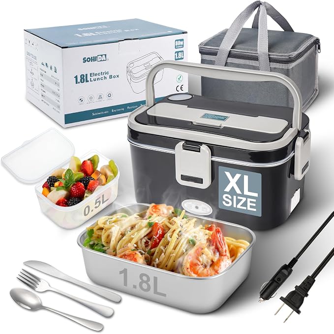 SOHIDA 1.8L+0.5L Heated Lunch Box for Men, 80W Electric Lunch Box with Long-handled Utensils for Adults, 12V/24V/110V Lonchera Eléctrica Portátil, Portable Food Warmer for Car/Truck/Office (B/G) by SOHIDALunchBoxes