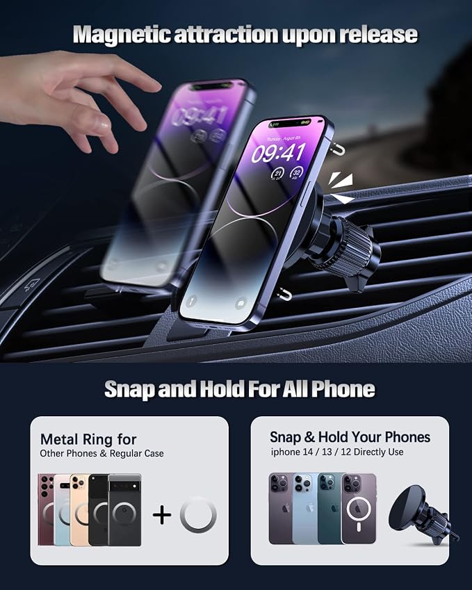 2 Magnetic Car Charger Mount 15W for iPhone 17-12 with 2 MagSafe Stickers | N52 Strong Magnets, 360° Rotation, Vent Mount, Compatible with Magnetic Cases, Gift for Men, Black - Image 4